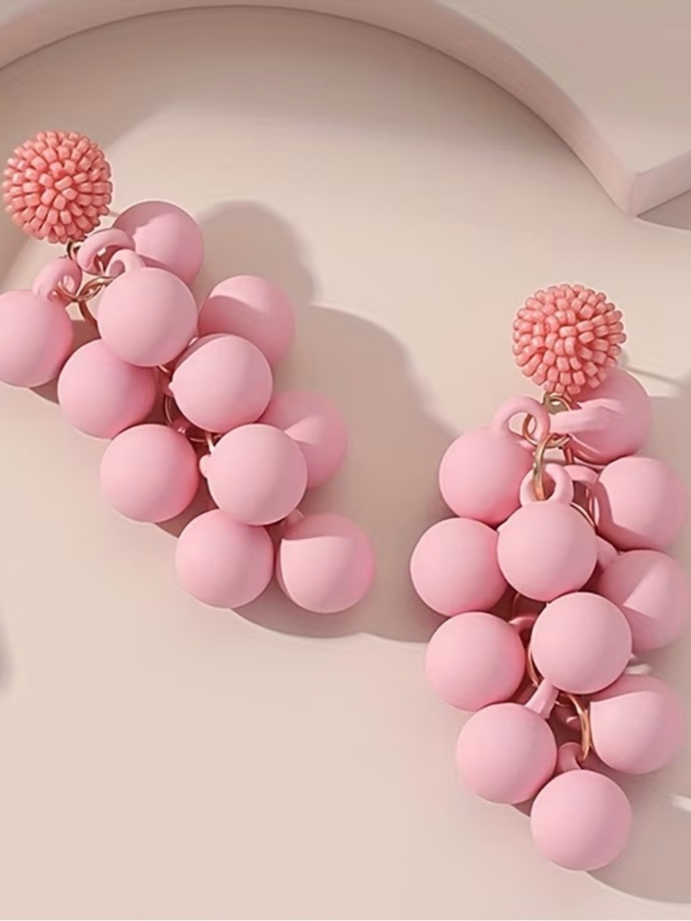 Pink Plastic Round Cluster Dangle/Drop Earrings Push Back for Lobe